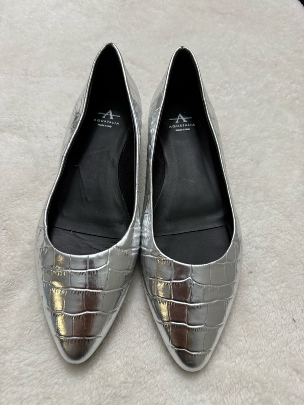 Aquatalia Metallic Silver Croc-Embossed Pointed Flats
